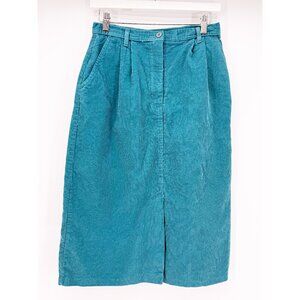 Tomboy LeSport Vtg 80s Retro Midi Corduroy Teal front Slit Pencil Skirt sz 11